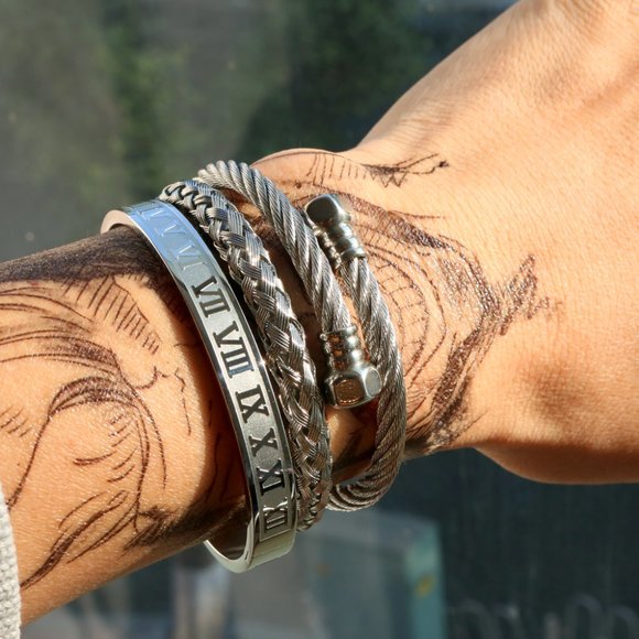 Silver 3 Piece Royal Roman Bracelets Bangles Adjustable
